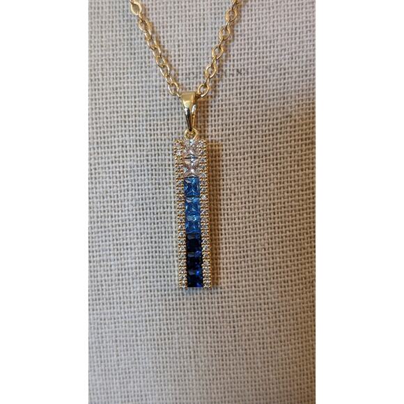 Vince Camuto Blue Ombre Channel Set Crystal Gold Tone Necklace NWOT - Picture 2 of 8